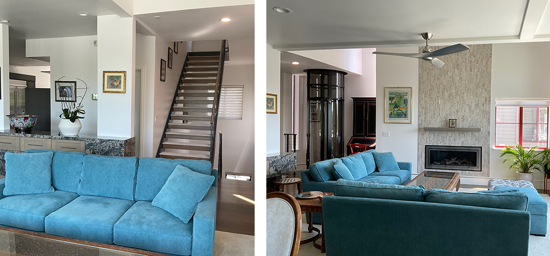 Riverside Condo with blue sofa