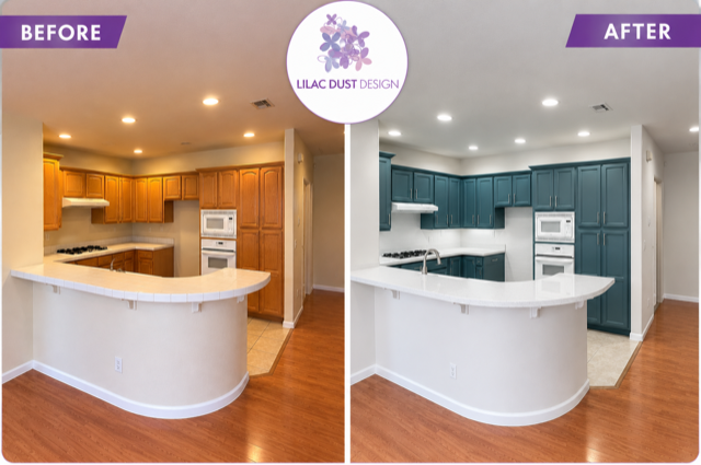 Before and After kitchen with painted cabinets
